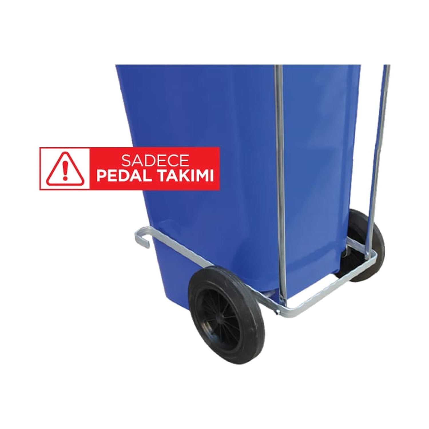 Çöp Konteyneri Pedalı 120 lt, mavi konteynere takılı pedal takımı ve sadece pedal takımı uyarısı