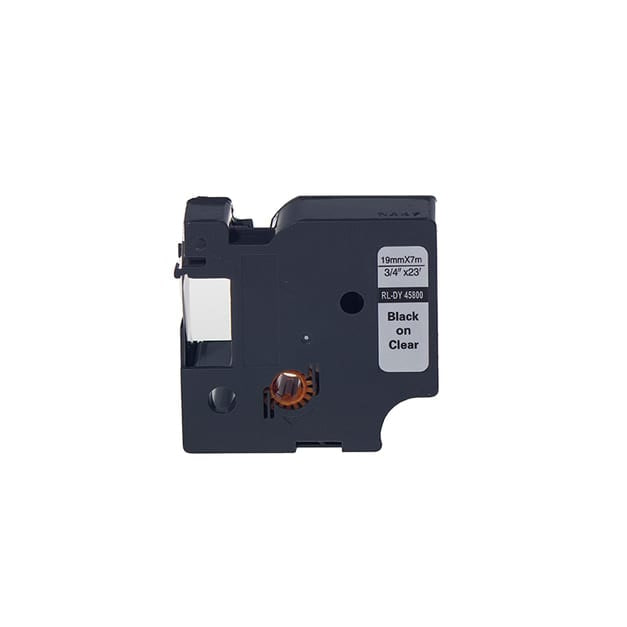 Cam yüzeylere uygun, şeffaf zeminli ve siyah yazılı Dymo D1 45800 etiket şeridi, 19 mm x 7 m