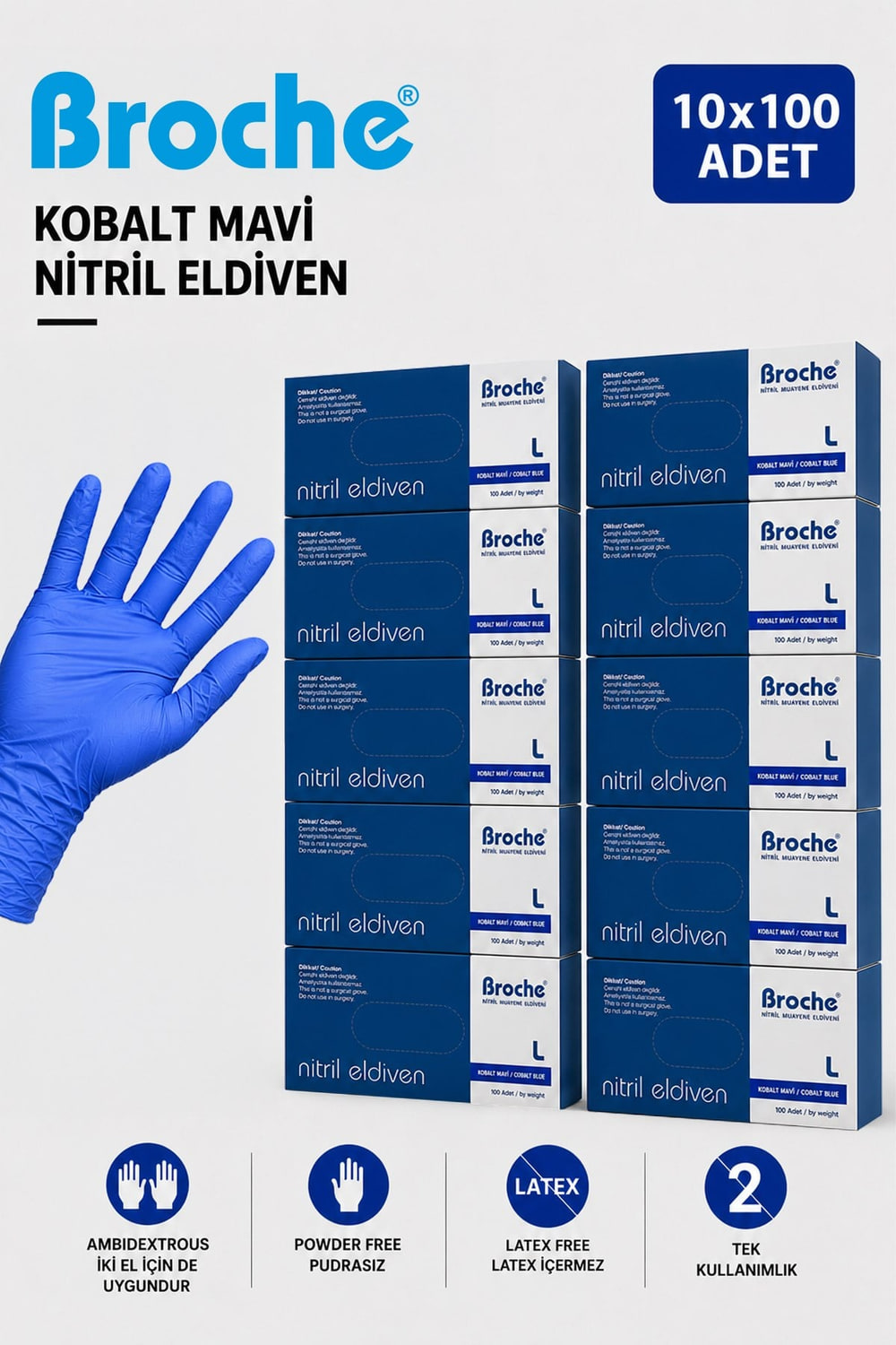 Broche pudrasız kobalt mavi nitril muayene eldiveni kutusu ve mavi eldiven takılı bir el, L beden