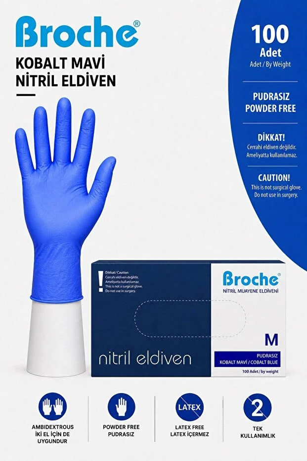 M beden Broche pudrasız kobalt mavi nitril eldiven paketi, önünde eldiven giyilmiş bir el