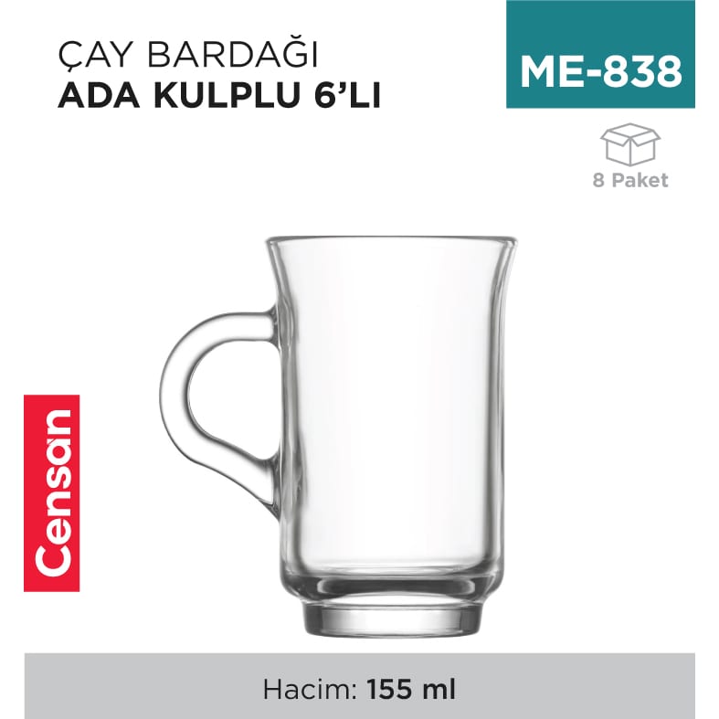 Çay Bardağı 6'lı Kulplu Ada 155 CC Lav (ADA408)