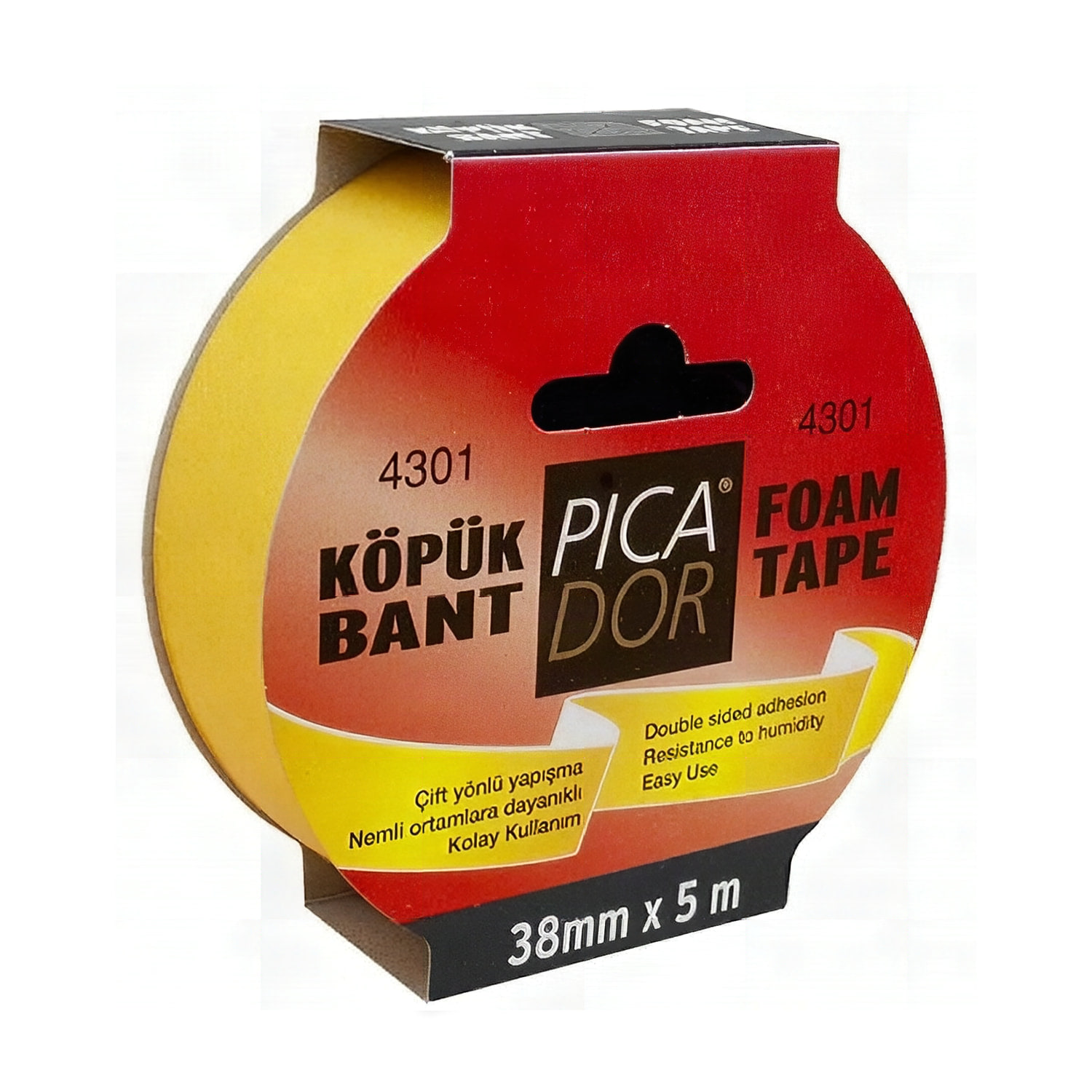 Picador Köpük Bant 5x38 çift taraflı askılı ambalaj ve rulo görünümü